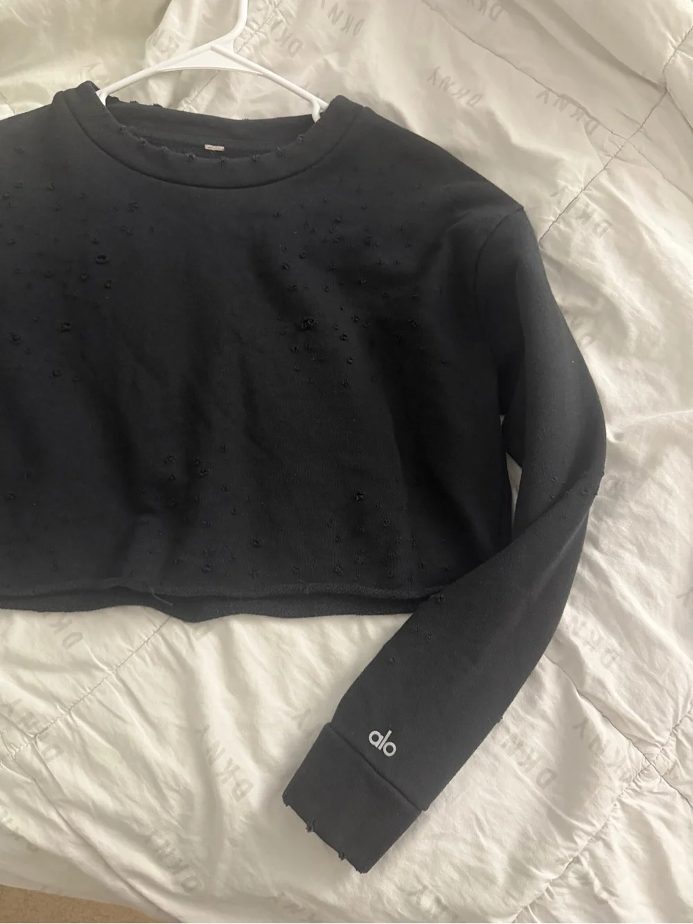 ALO Yoga Black Cropped Distressed Crewneck Sweatshirt